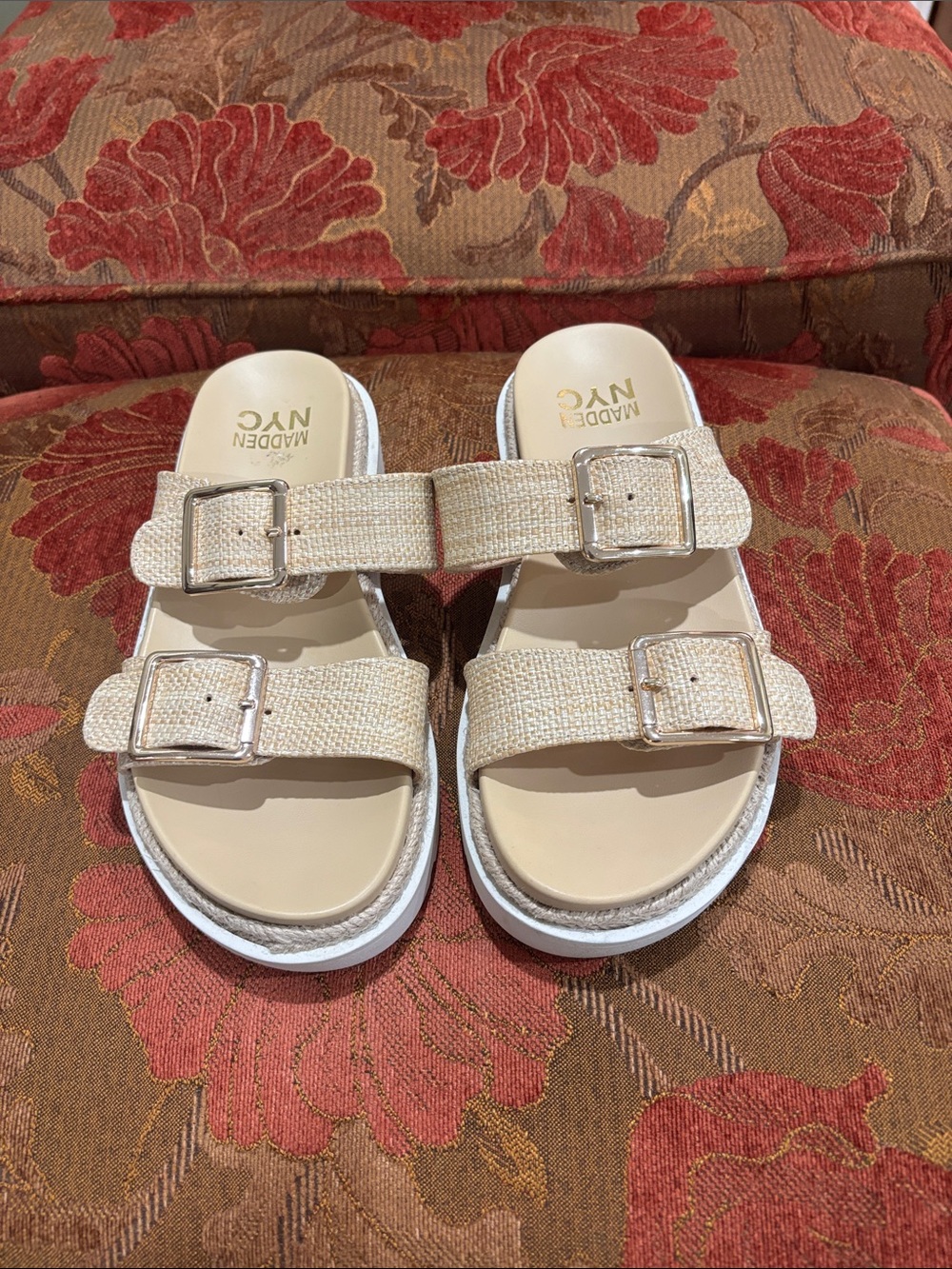 Madden NYC Beige Buckle Slide Sandals - Neutral Woven Straps Size 6